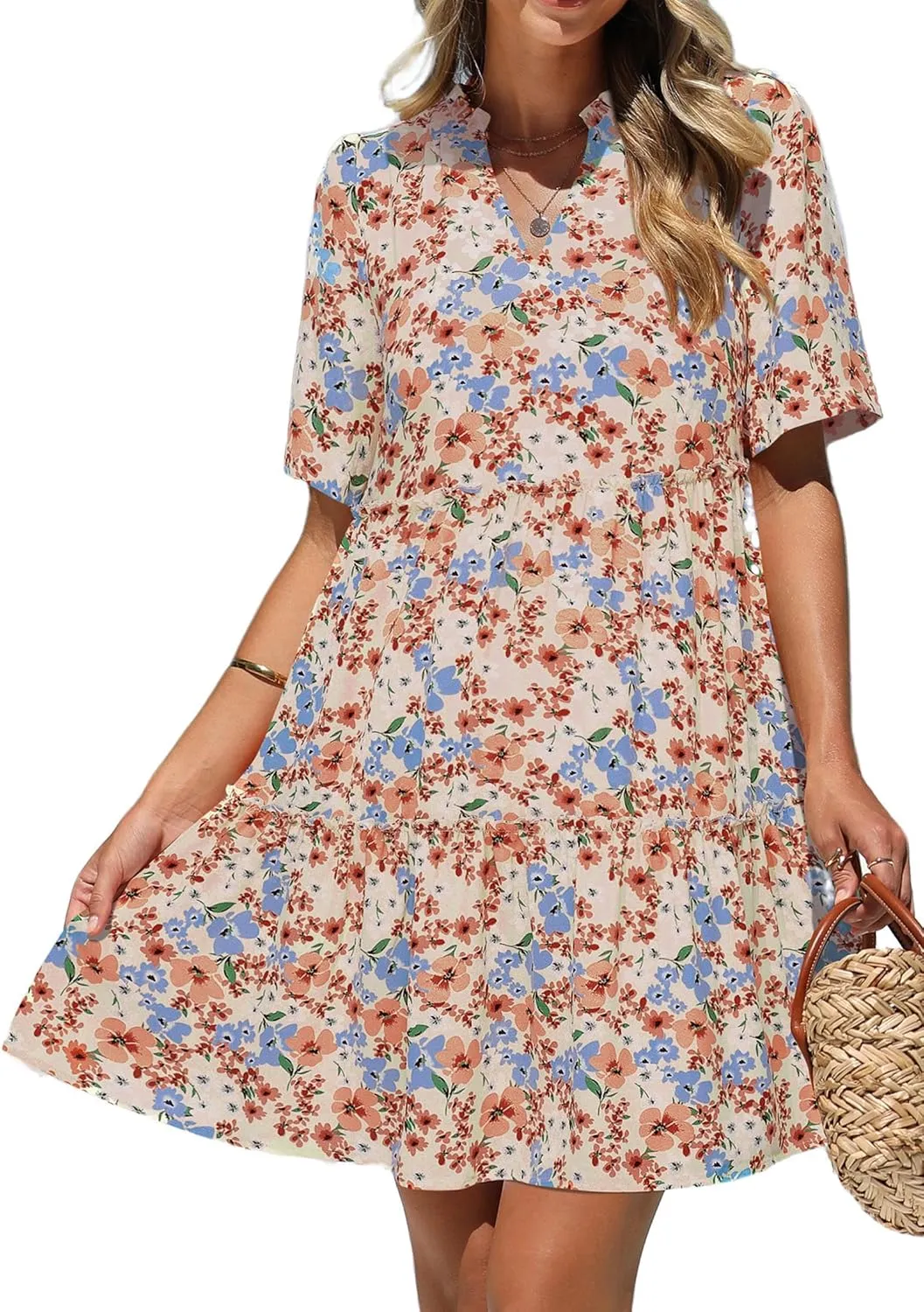 KIRUNDO Womens Summer Dresses Casual Boho Floral Mini Babydoll Short Sleeve A Line Dress V Neck Sundress Beach Vacation