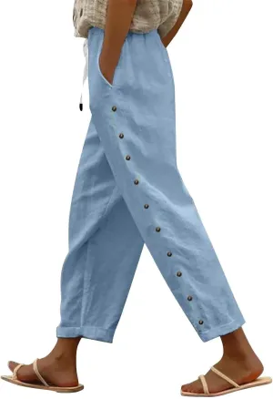 Linen Pants Women Casual Beach Pants Drawstring Side Buttons Ankle Pants with Pockets 2025 Summer Vacation Outfits