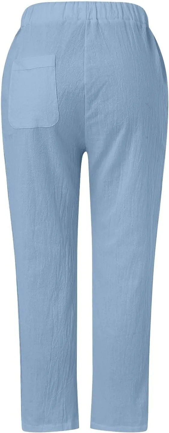 Linen Pants Women Casual Beach Pants Drawstring Side Buttons Ankle Pants with Pockets 2025 Summer Vacation Outfits