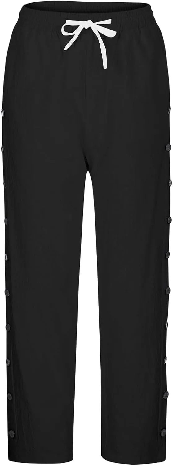 Linen Pants Women Casual Beach Pants Drawstring Side Buttons Ankle Pants with Pockets 2025 Summer Vacation Outfits