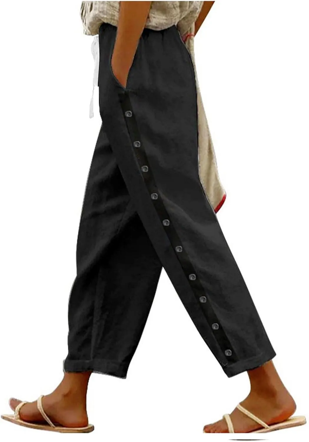 Linen Pants Women Casual Beach Pants Drawstring Side Buttons Ankle Pants with Pockets 2025 Summer Vacation Outfits