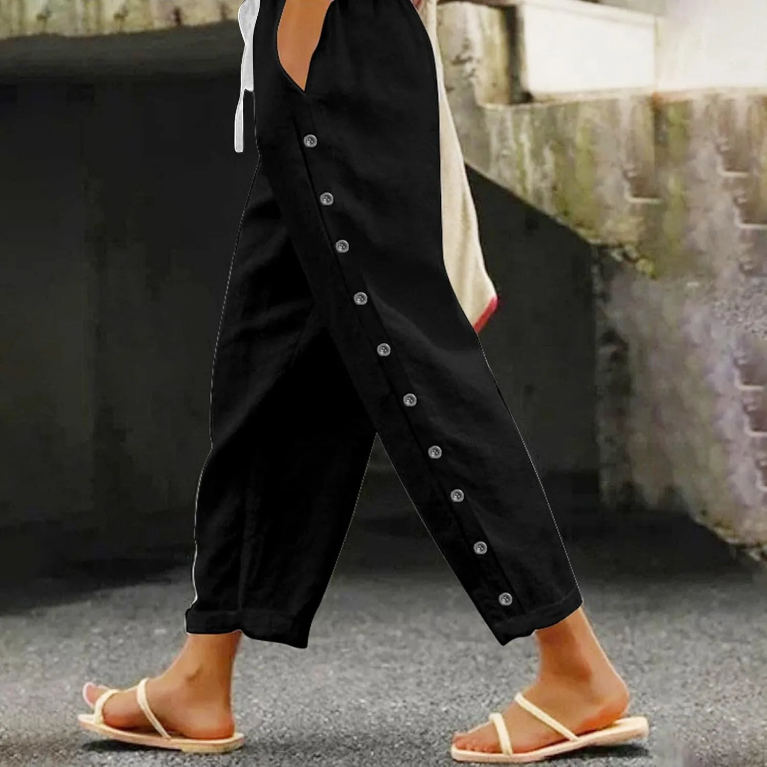 Linen Pants Women Casual Beach Pants Drawstring Side Buttons Ankle Pants with Pockets 2025 Summer Vacation Outfits