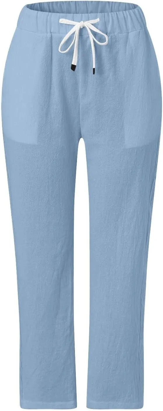 Linen Pants Women Casual Beach Pants Drawstring Side Buttons Ankle Pants with Pockets 2025 Summer Vacation Outfits