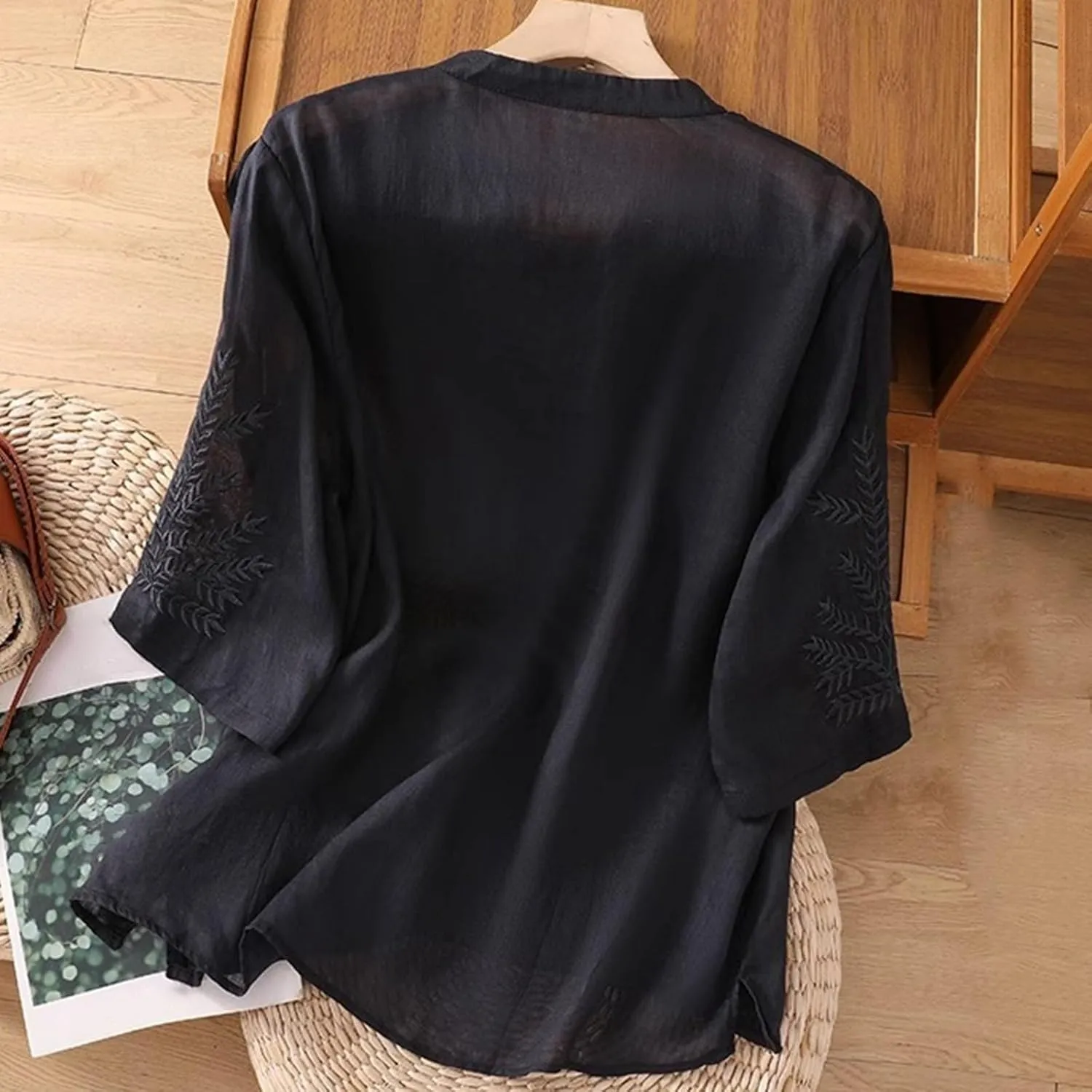 Linen Tops for Women Henley V Neck Summer 3/4 Sleeve Shirts Boho Embroidered Dressy Casual Blouses Loose Vintage Tees