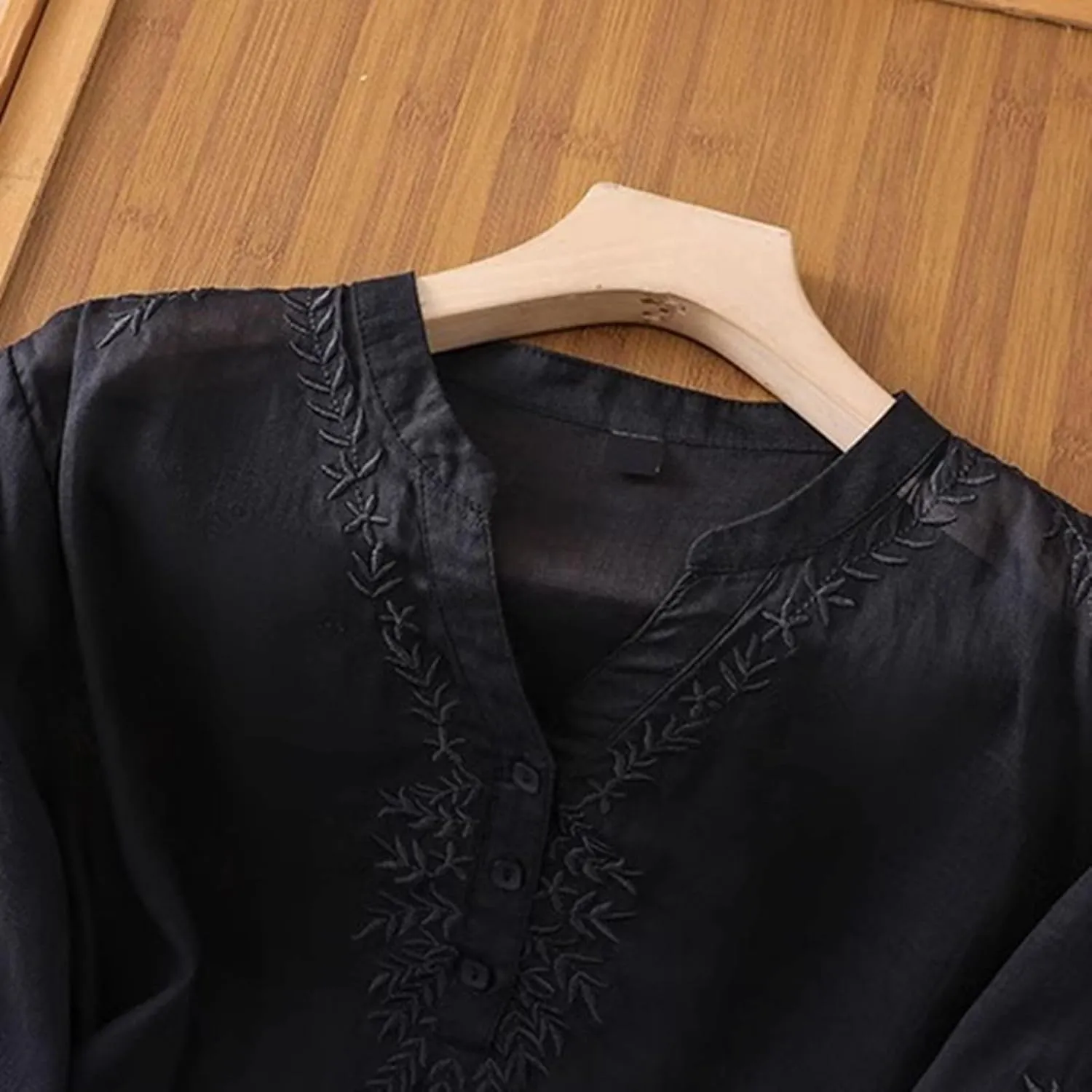 Linen Tops for Women Henley V Neck Summer 3/4 Sleeve Shirts Boho Embroidered Dressy Casual Blouses Loose Vintage Tees