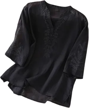 Linen Tops for Women Henley V Neck Summer 3/4 Sleeve Shirts Boho Embroidered Dressy Casual Blouses Loose Vintage Tees