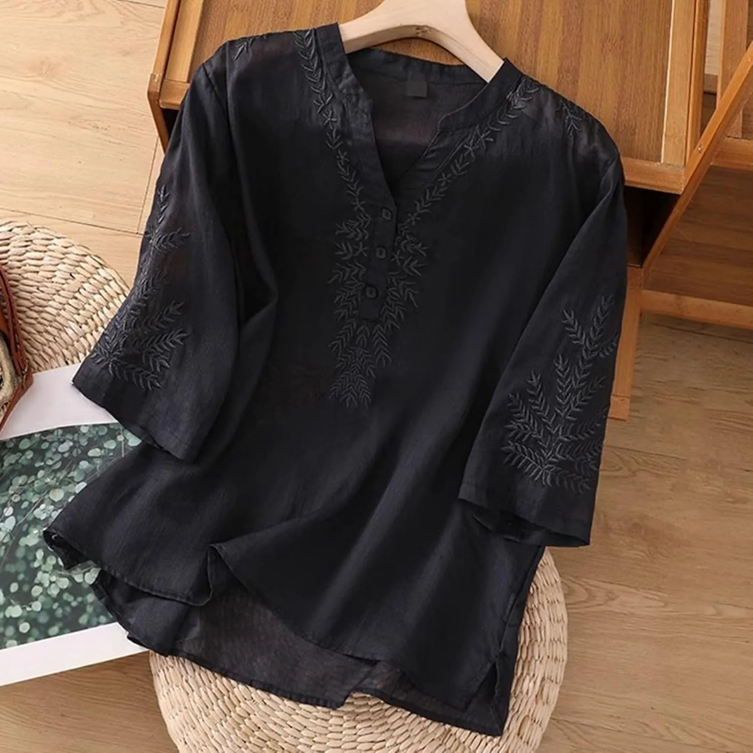 Linen Tops for Women Henley V Neck Summer 3/4 Sleeve Shirts Boho Embroidered Dressy Casual Blouses Loose Vintage Tees