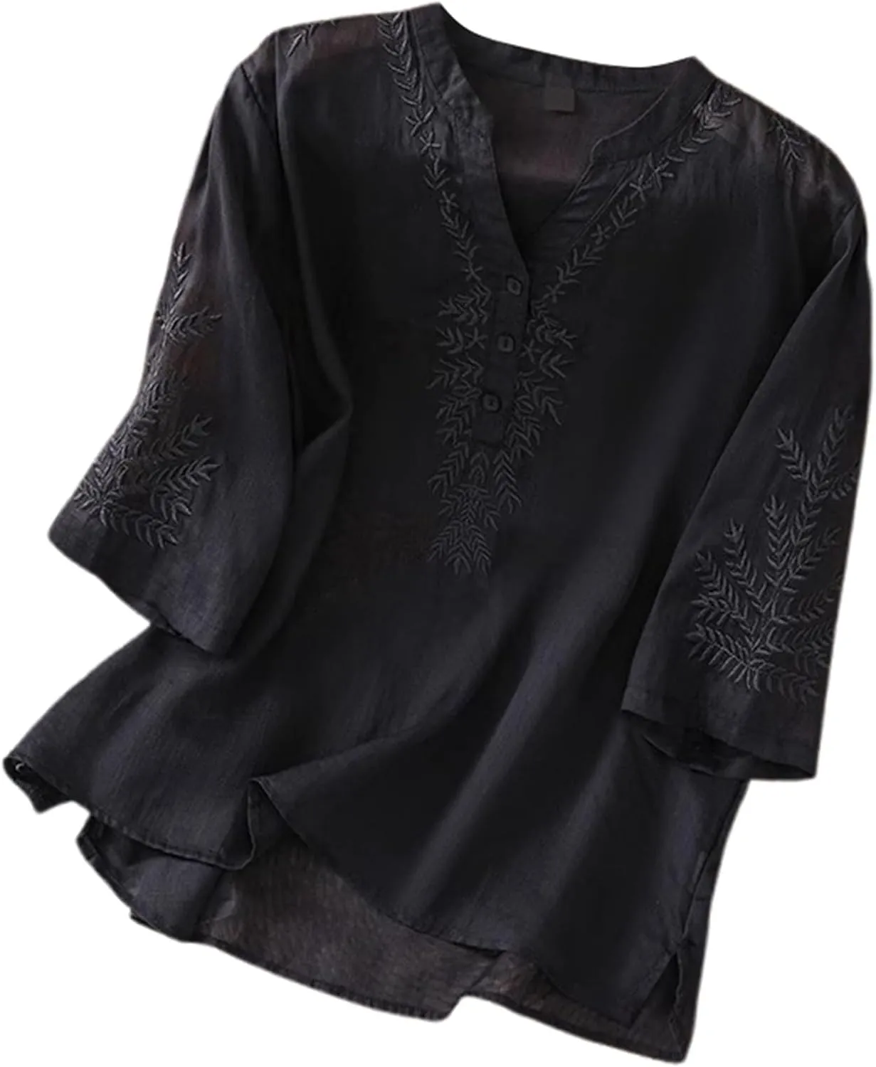 Linen Tops for Women Henley V Neck Summer 3/4 Sleeve Shirts Boho Embroidered Dressy Casual Blouses Loose Vintage Tees