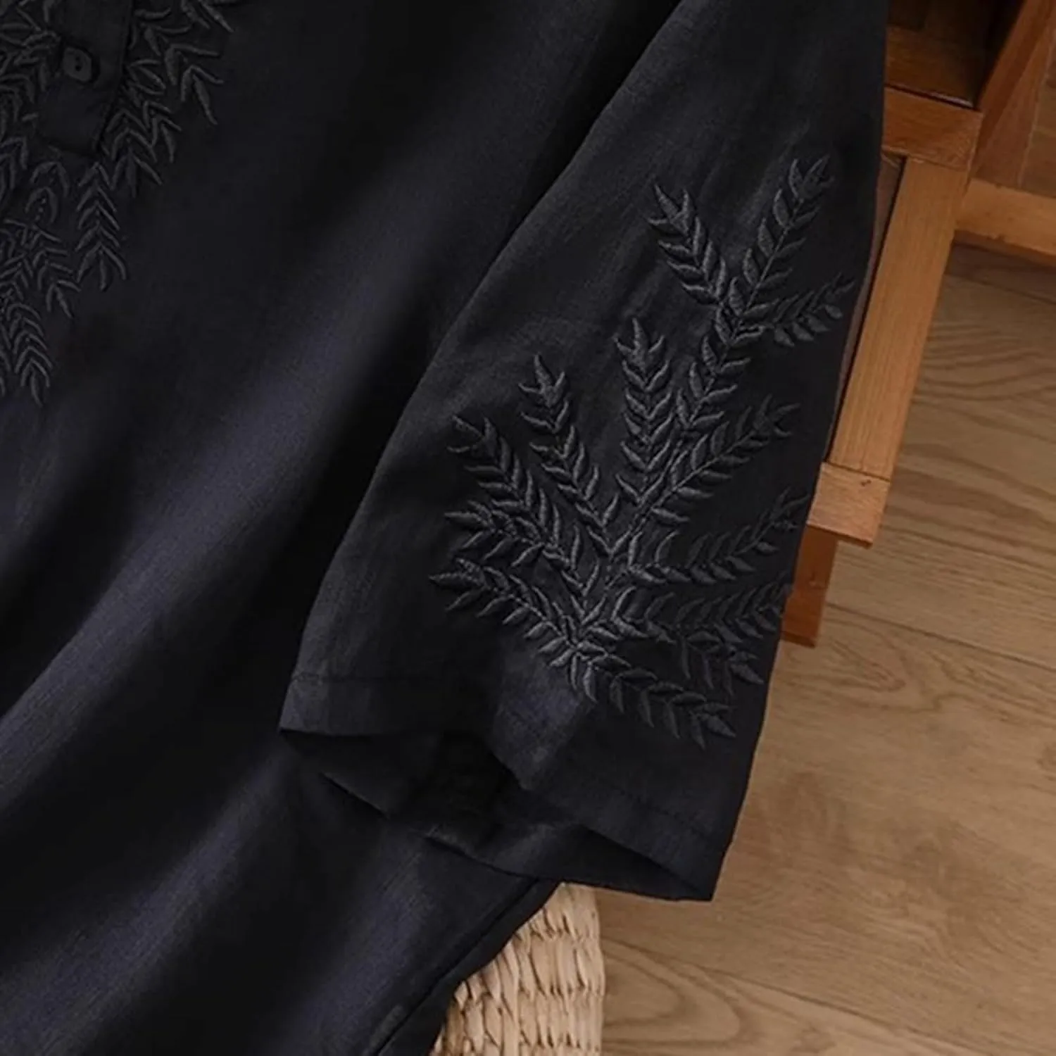 Linen Tops for Women Henley V Neck Summer 3/4 Sleeve Shirts Boho Embroidered Dressy Casual Blouses Loose Vintage Tees