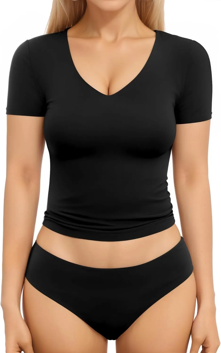 MANGOPOP Women's Double Lined Short Long Sleeve Tops V Neck T Shirts Fitted Basic Tee
