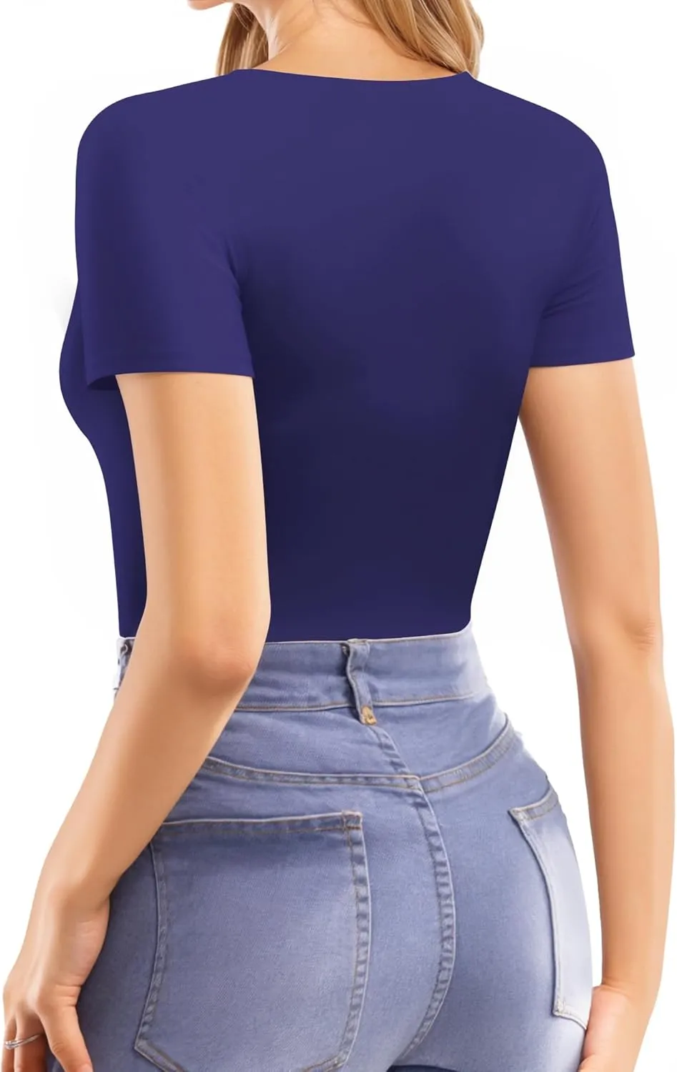 MANGOPOP Women's Double Lined Short Long Sleeve Tops V Neck T Shirts Fitted Basic Tee