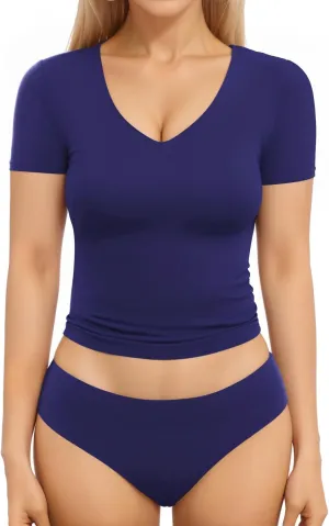 MANGOPOP Women's Double Lined Short Long Sleeve Tops V Neck T Shirts Fitted Basic Tee