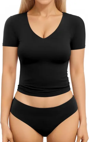 MANGOPOP Women's Double Lined Short Long Sleeve Tops V Neck T Shirts Fitted Basic Tee