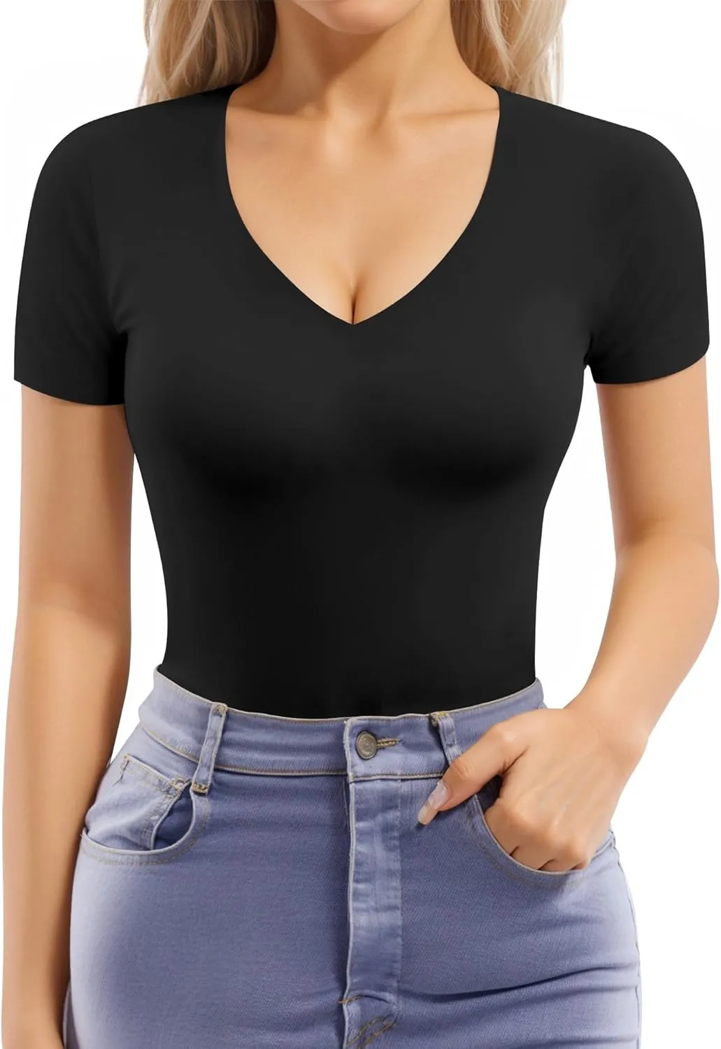 MANGOPOP Women's Double Lined Short Long Sleeve Tops V Neck T Shirts Fitted Basic Tee