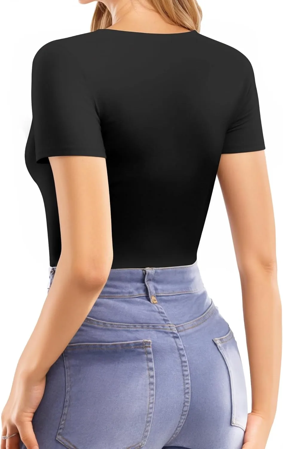 MANGOPOP Women's Double Lined Short Long Sleeve Tops V Neck T Shirts Fitted Basic Tee