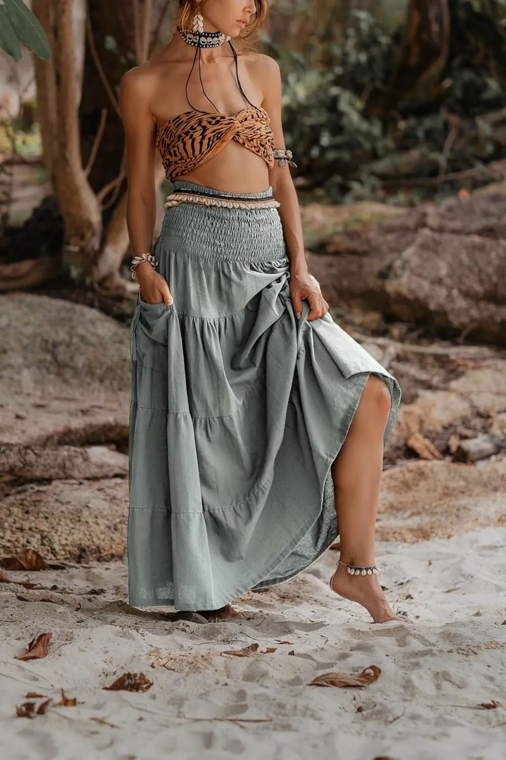 Maxi Boho Skirt Long Pockets Cotton Hippie Bohemian Elastic Waist Gypsy Skirt