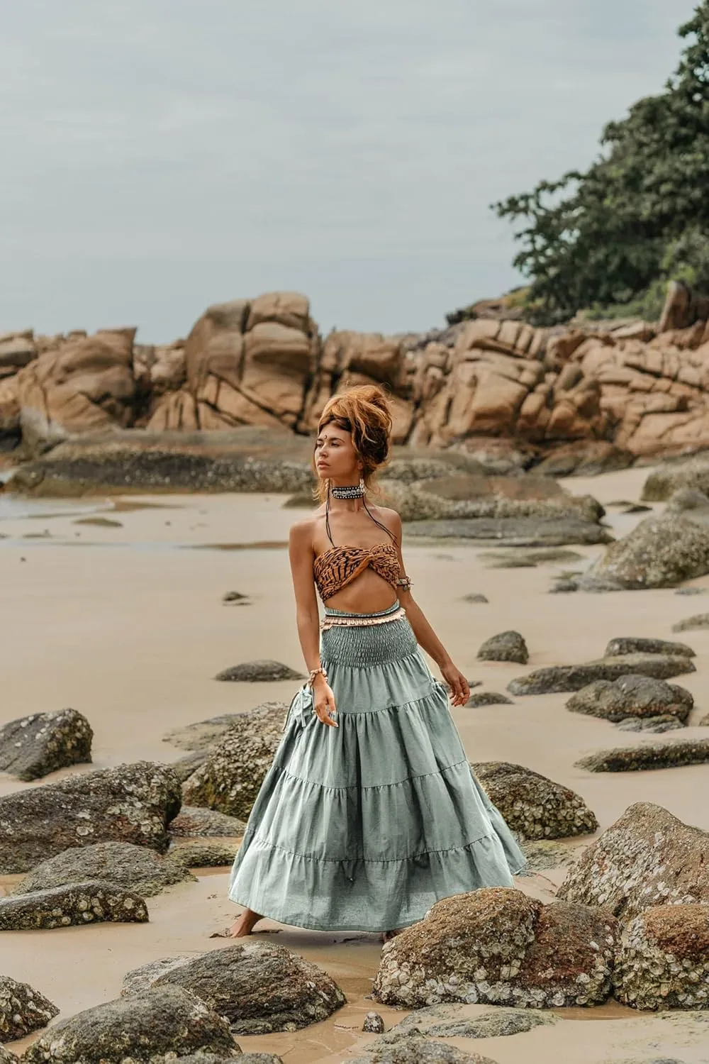 Maxi Boho Skirt Long Pockets Cotton Hippie Bohemian Elastic Waist Gypsy Skirt