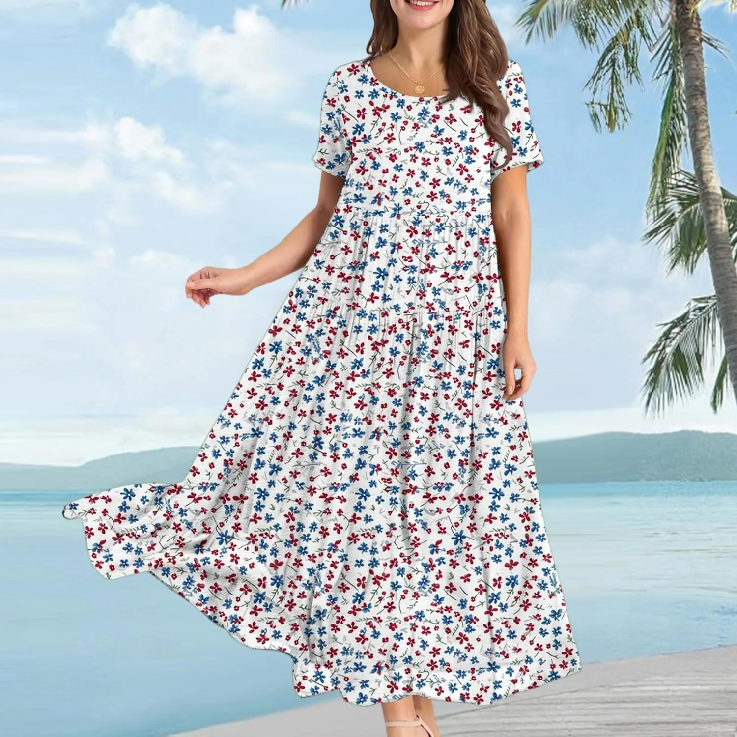Maxi Dresses for Women 2025 Floral Print Plus Size Short Sleeve A-Line Dress Trendy V Neck High Waist Prom Dress