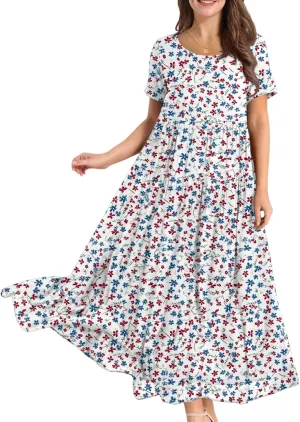 Maxi Dresses for Women 2025 Floral Print Plus Size Short Sleeve A-Line Dress Trendy V Neck High Waist Prom Dress