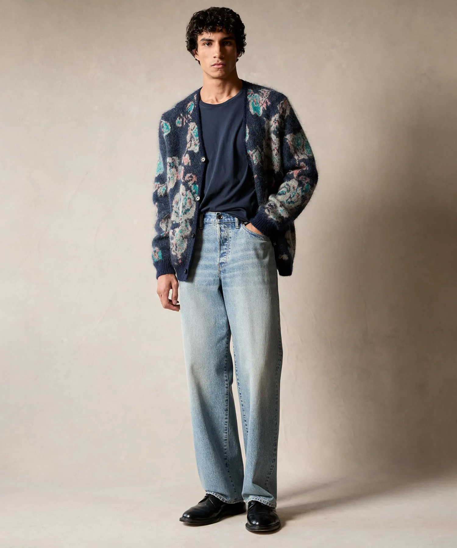 Mohair Floral Cardigan in Dark Harbor