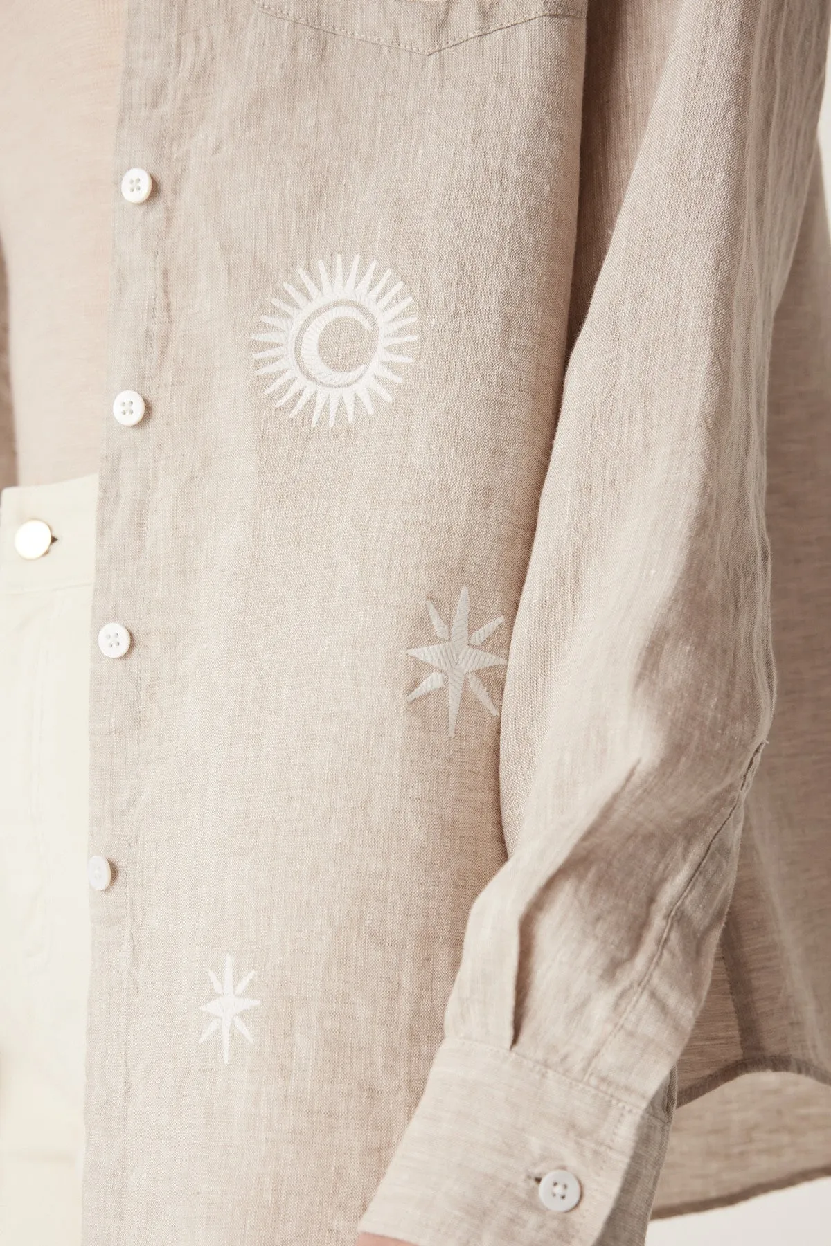 Palm Linen Embroidered Shirt - Natural Marle