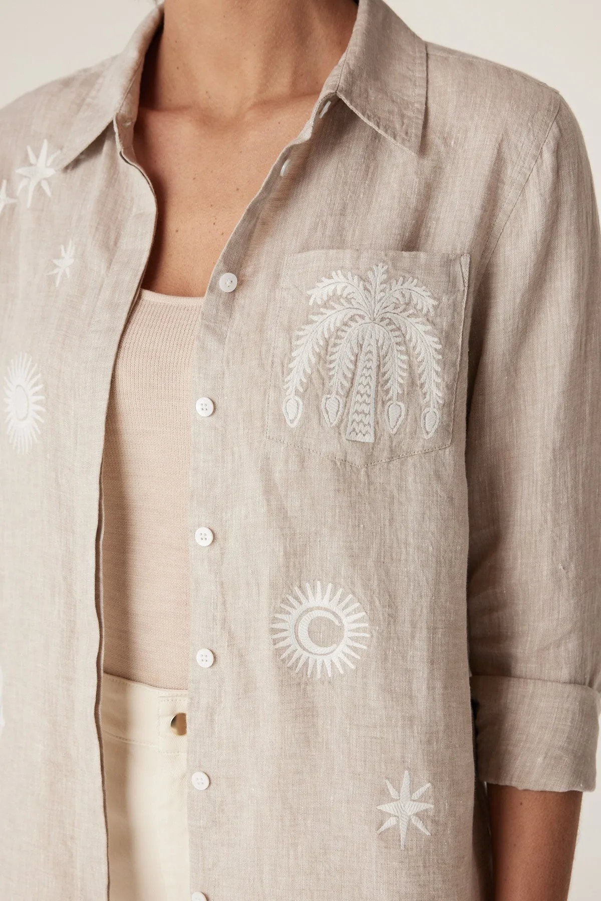 Palm Linen Embroidered Shirt - Natural Marle