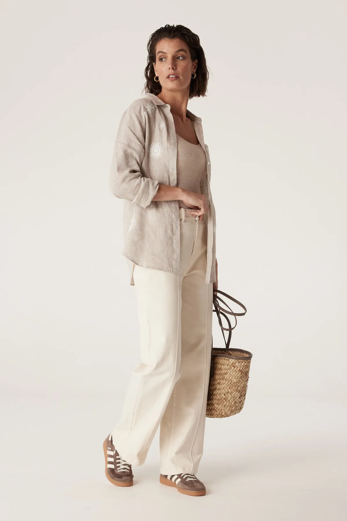 Palm Linen Embroidered Shirt - Natural Marle