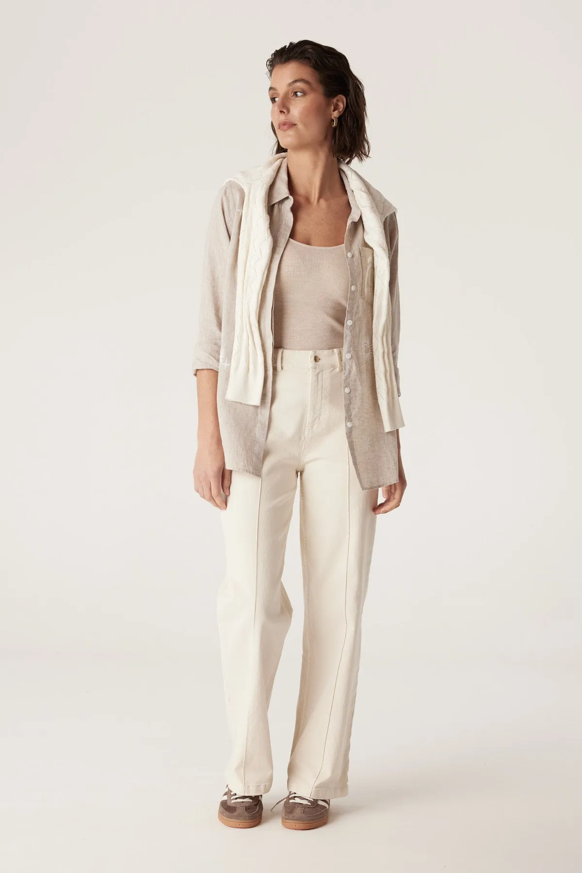 Palm Linen Embroidered Shirt - Natural Marle