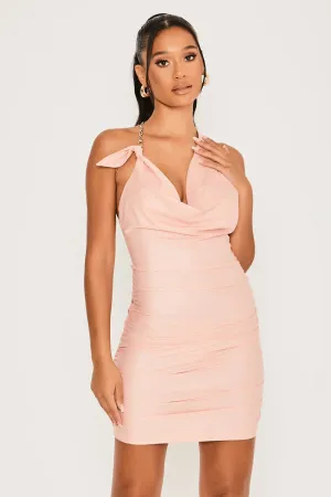 Pink Slinky Cowl Neck Mini Dress With Chain Detail