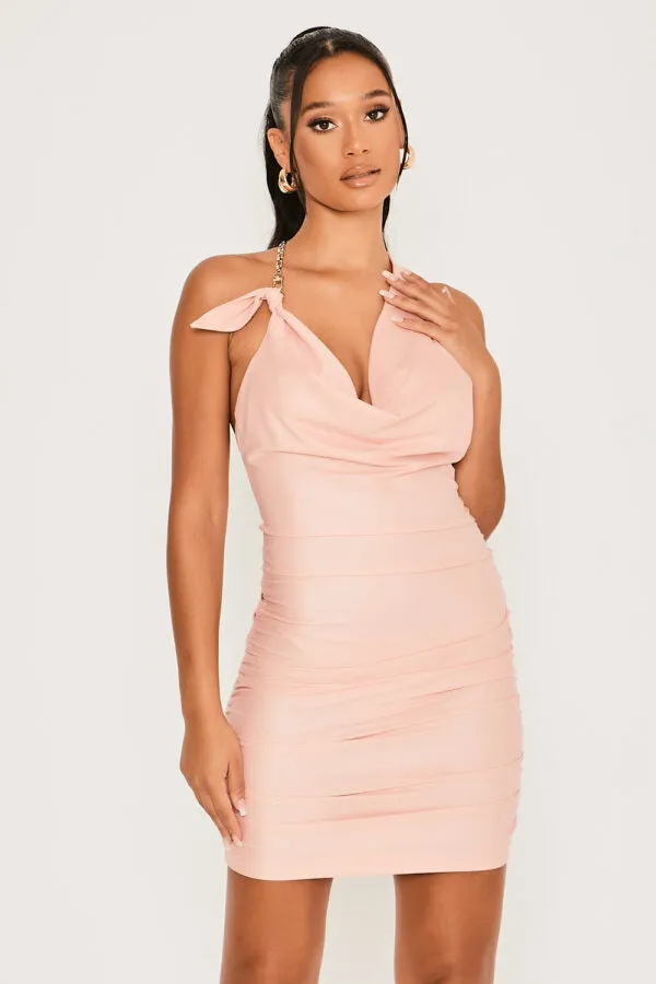 Pink Slinky Cowl Neck Mini Dress With Chain Detail