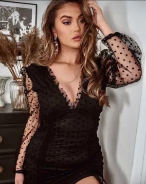 Polka Dot V Neck Bodycon Dress