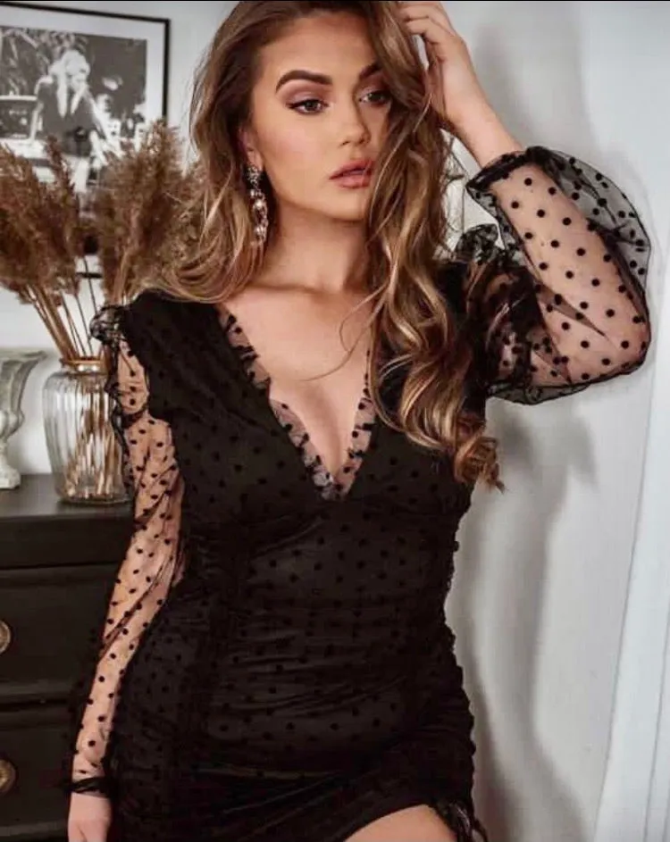 Polka Dot V Neck Bodycon Dress