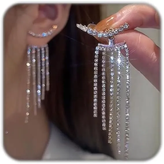 Rhinestone Tassel Earrings For Women Crystal Fringe Chandelier Long Dangle Earring for Prom Dress Sparkle Bridal Wedding Party