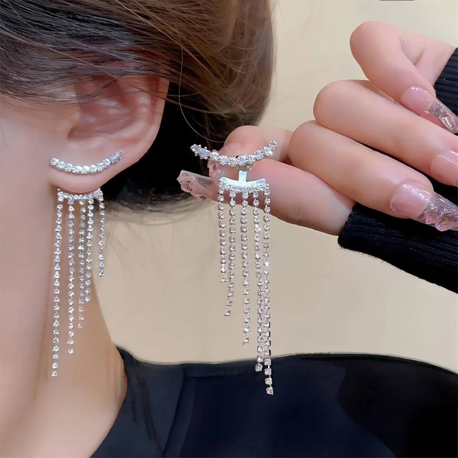 Rhinestone Tassel Earrings For Women Crystal Fringe Chandelier Long Dangle Earring for Prom Dress Sparkle Bridal Wedding Party