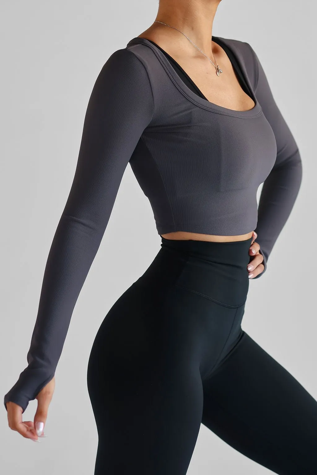 Ribbed Scoop Neck Long Sleeve - Charcoal