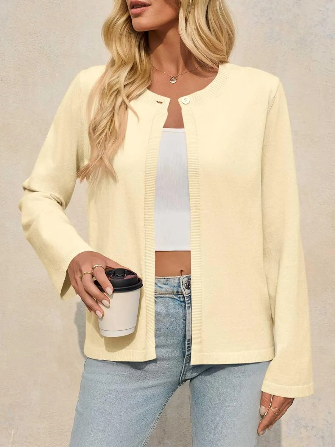 Saodimallsu Womens Lightweight Cardigans Open Front Long Sleeve One Button Casual Crewneck Loose Knit Shrug Sweater