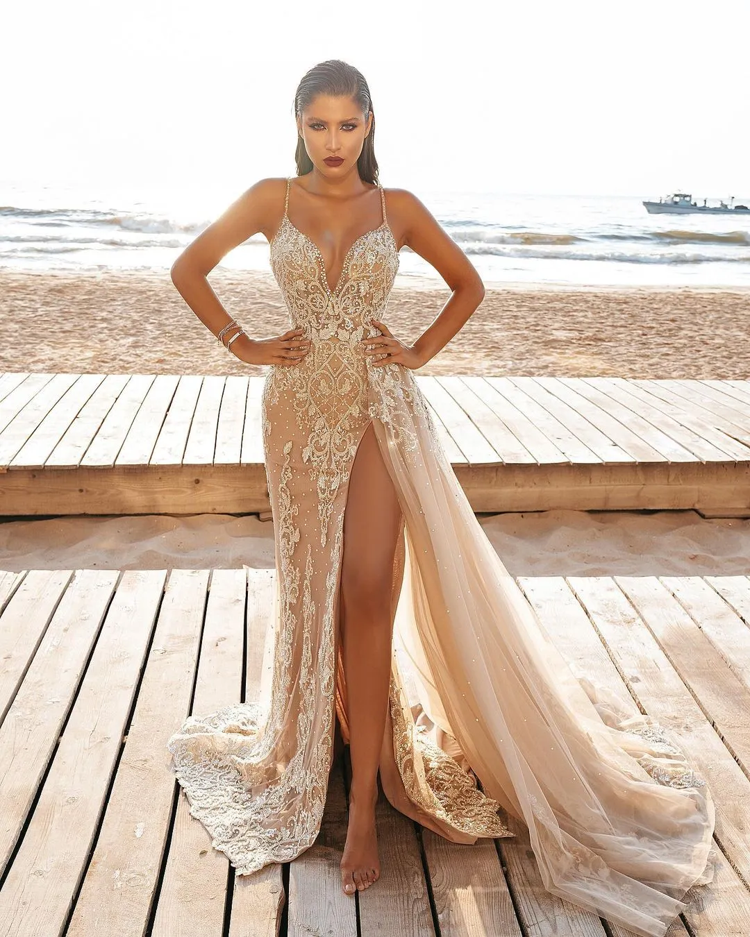 Sexy Spaghetti Side Split Tulle Beach Wedding party Dress