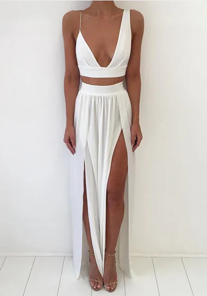 Sexy White Two Piece Prom Dress Front Split Floor-length
