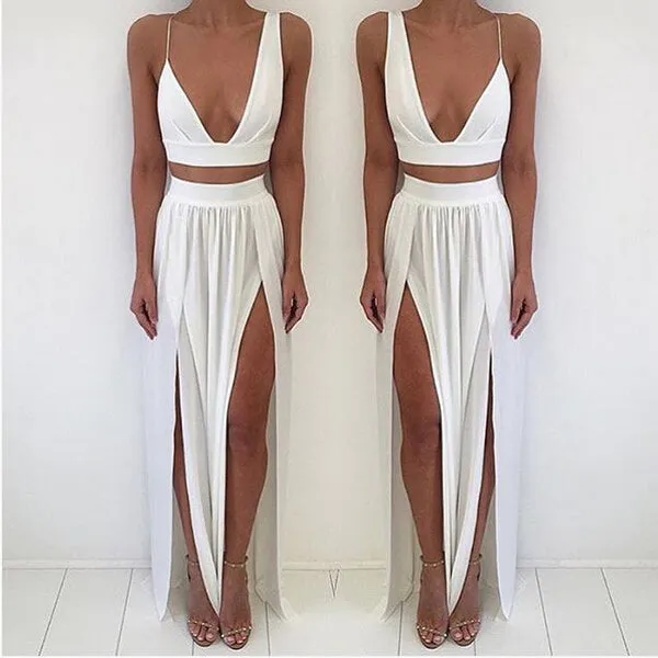 Sexy White Two Piece Prom Dress Front Split Floor-length