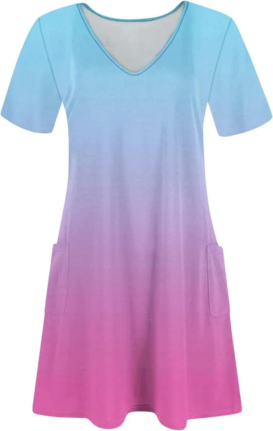 Short Sleeve Dress for Women Casual V Neck Summer Mini Dresses Beach Vacation Loose Flowy Sundress with Pockets