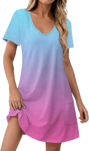 Short Sleeve Dress for Women Casual V Neck Summer Mini Dresses Beach Vacation Loose Flowy Sundress with Pockets
