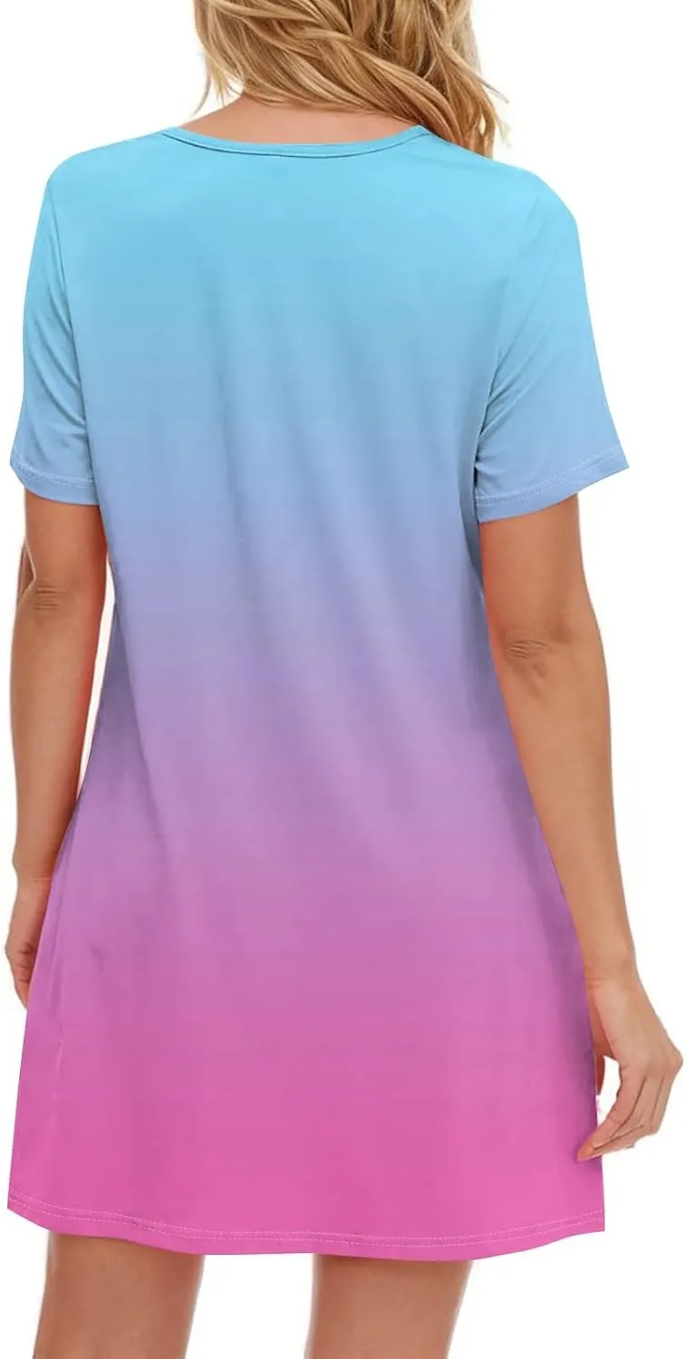 Short Sleeve Dress for Women Casual V Neck Summer Mini Dresses Beach Vacation Loose Flowy Sundress with Pockets