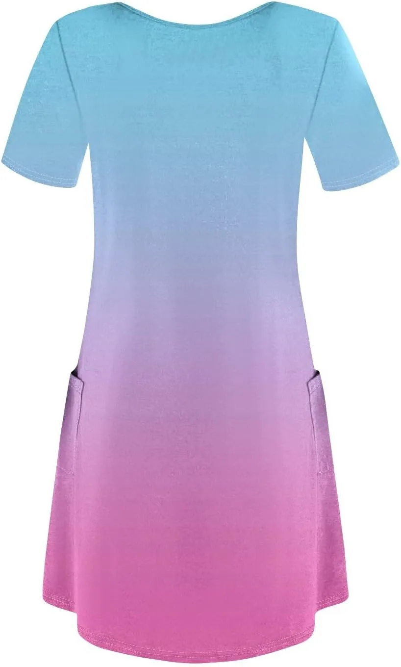 Short Sleeve Dress for Women Casual V Neck Summer Mini Dresses Beach Vacation Loose Flowy Sundress with Pockets