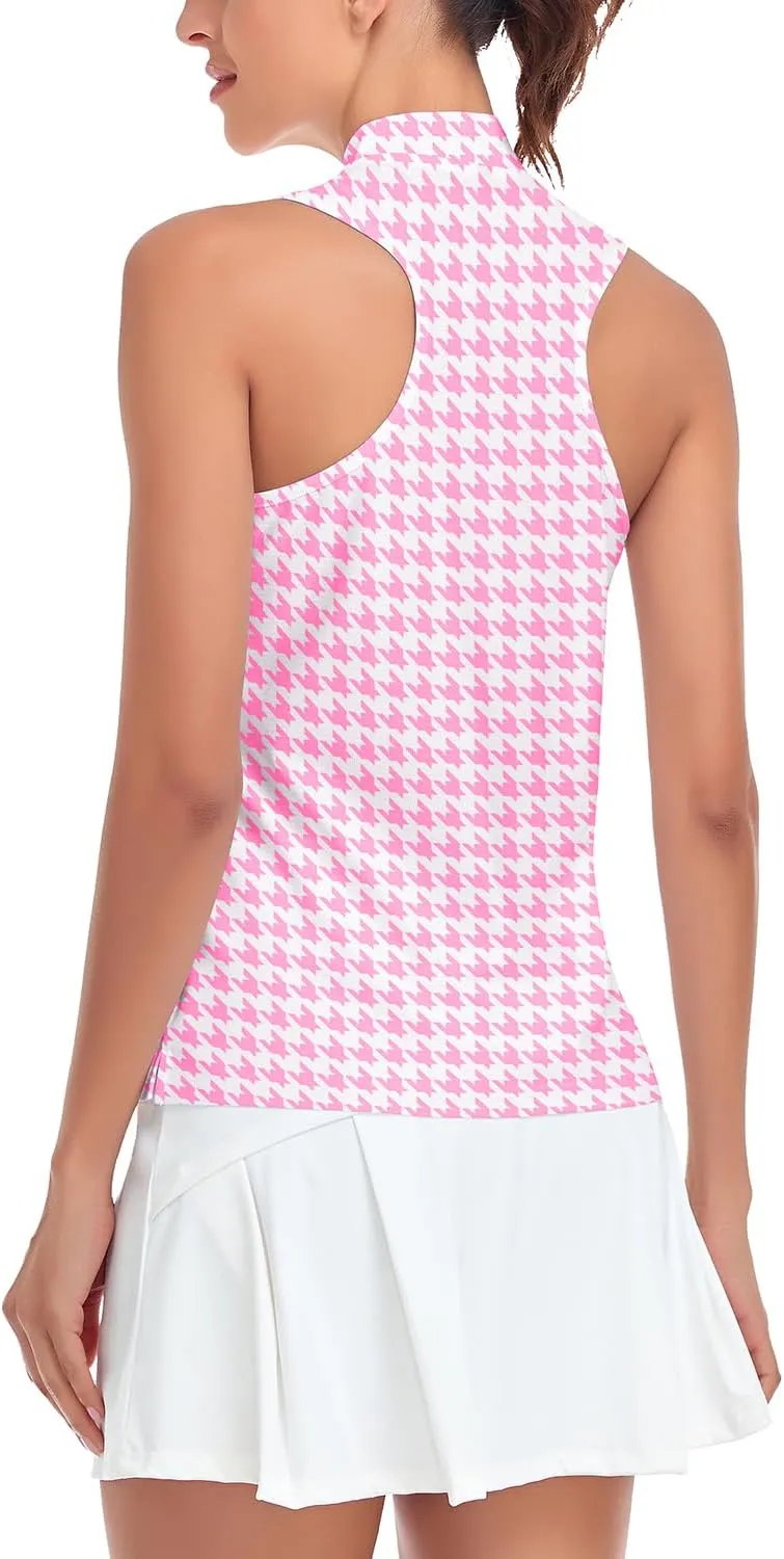 Soneven Women's Sleeveless Golf Shirts Printed Moisture Wicking V Neck Golf Polo Shirts Racerback Golf Tank Tops