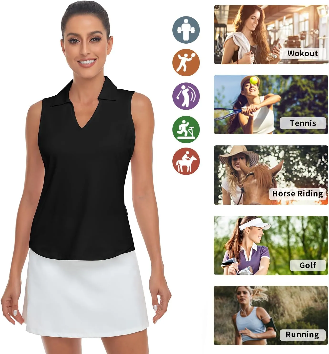 Soneven Women's Sleeveless Golf Shirts Printed Moisture Wicking V Neck Golf Polo Shirts Racerback Golf Tank Tops