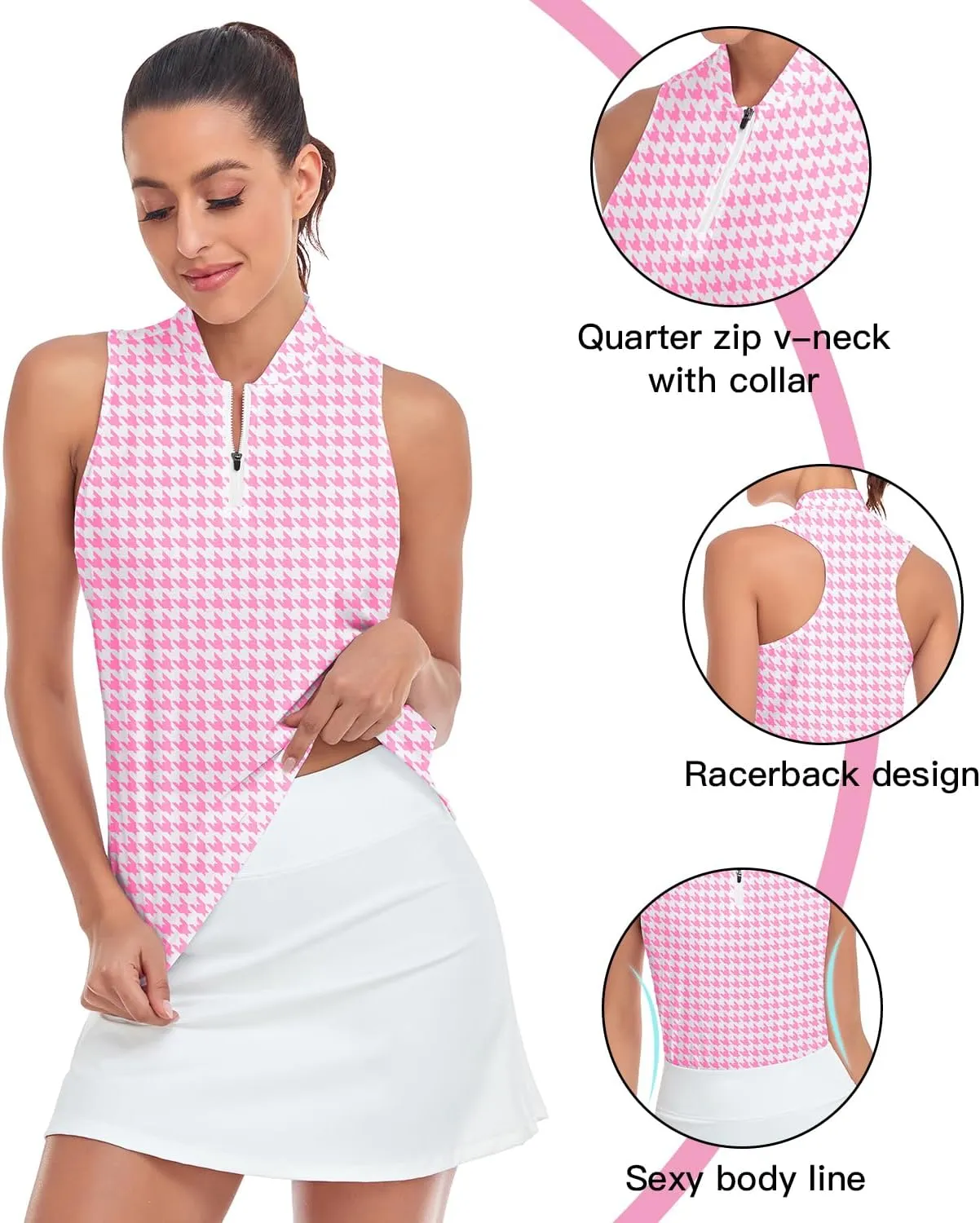 Soneven Women's Sleeveless Golf Shirts Printed Moisture Wicking V Neck Golf Polo Shirts Racerback Golf Tank Tops