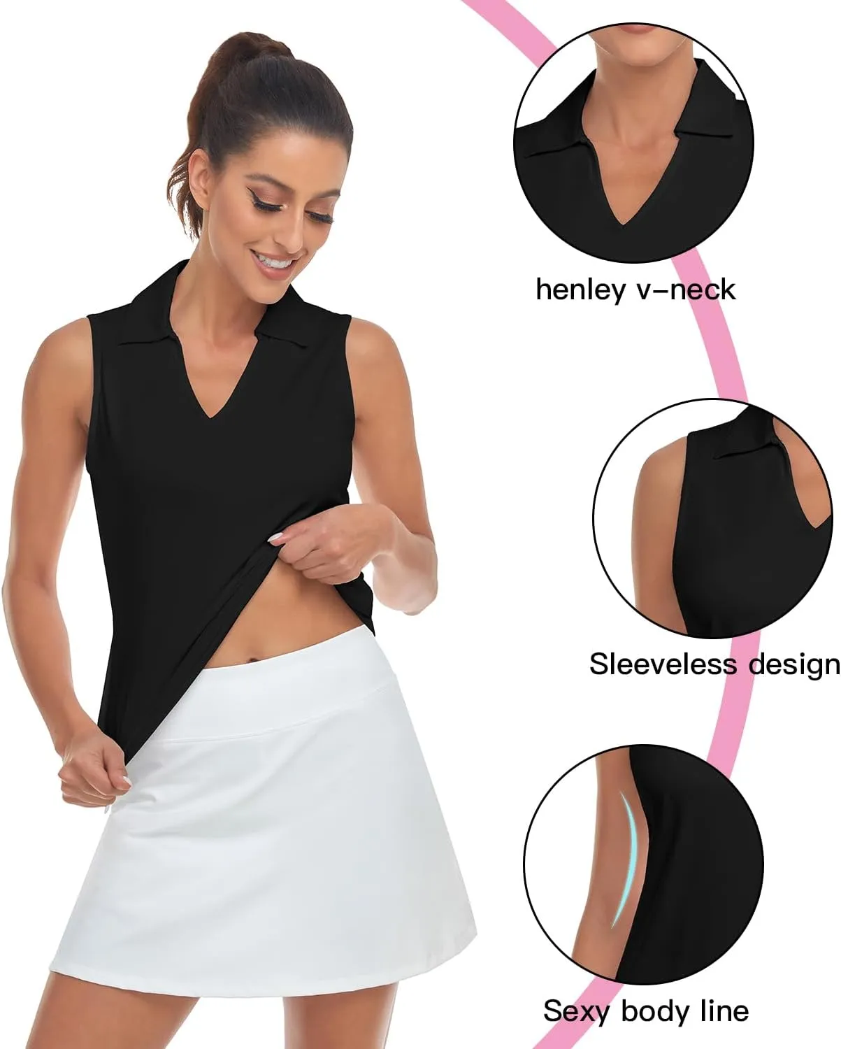 Soneven Women's Sleeveless Golf Shirts Printed Moisture Wicking V Neck Golf Polo Shirts Racerback Golf Tank Tops
