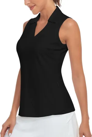 Soneven Women's Sleeveless Golf Shirts Printed Moisture Wicking V Neck Golf Polo Shirts Racerback Golf Tank Tops