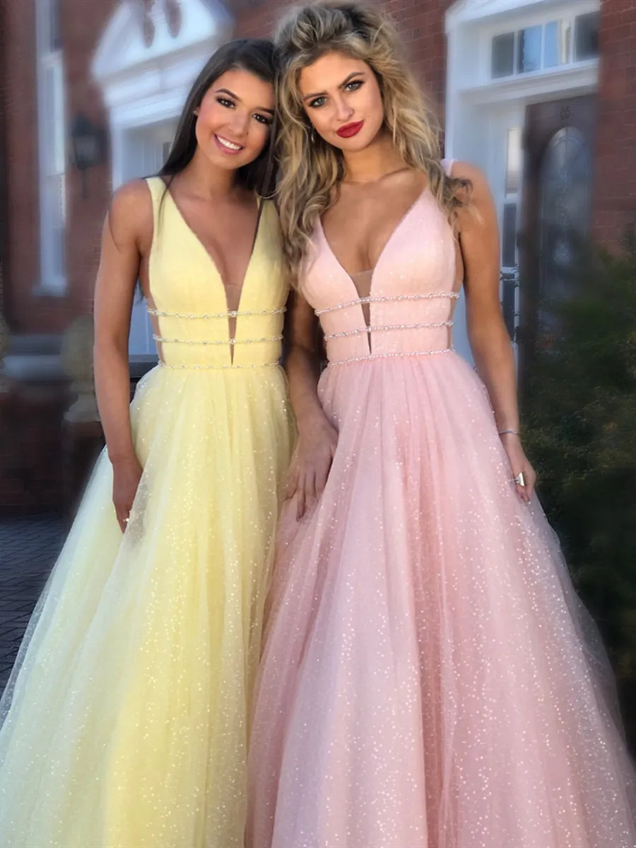 Sparkly A Line V Neck and V Back Yellow/Pink/Light Blue Long Prom, Yellow/Pink/Light Blue Formal, Evening