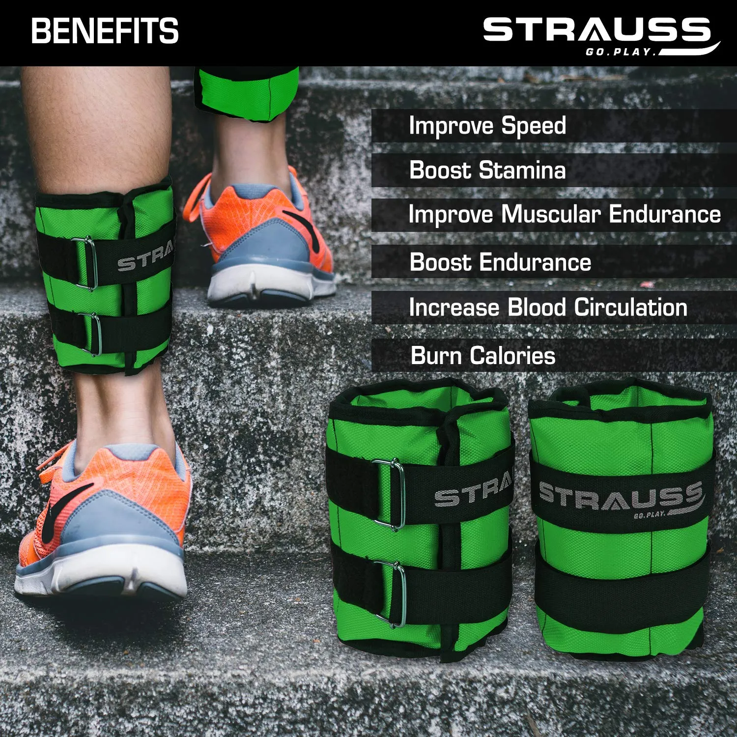 Strauss Adjustable Ankle/Wrist Weights 2 KG X 2 | Ideal for Walking, Running, Jogging, Cycling, Gym, Workout & Strength Training | Easy to Use on Ankle, Wrist, Leg, (Green)